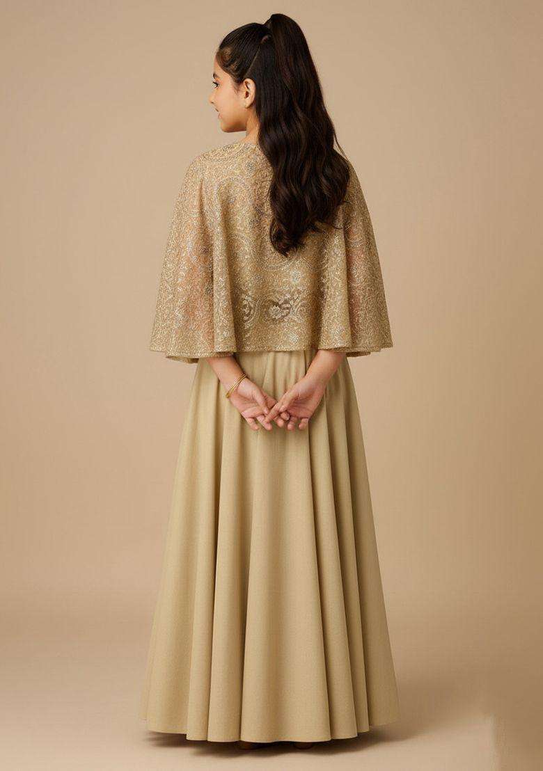 Girls Beige Embroidered Blouse Georgette Lehenga Set - Indya