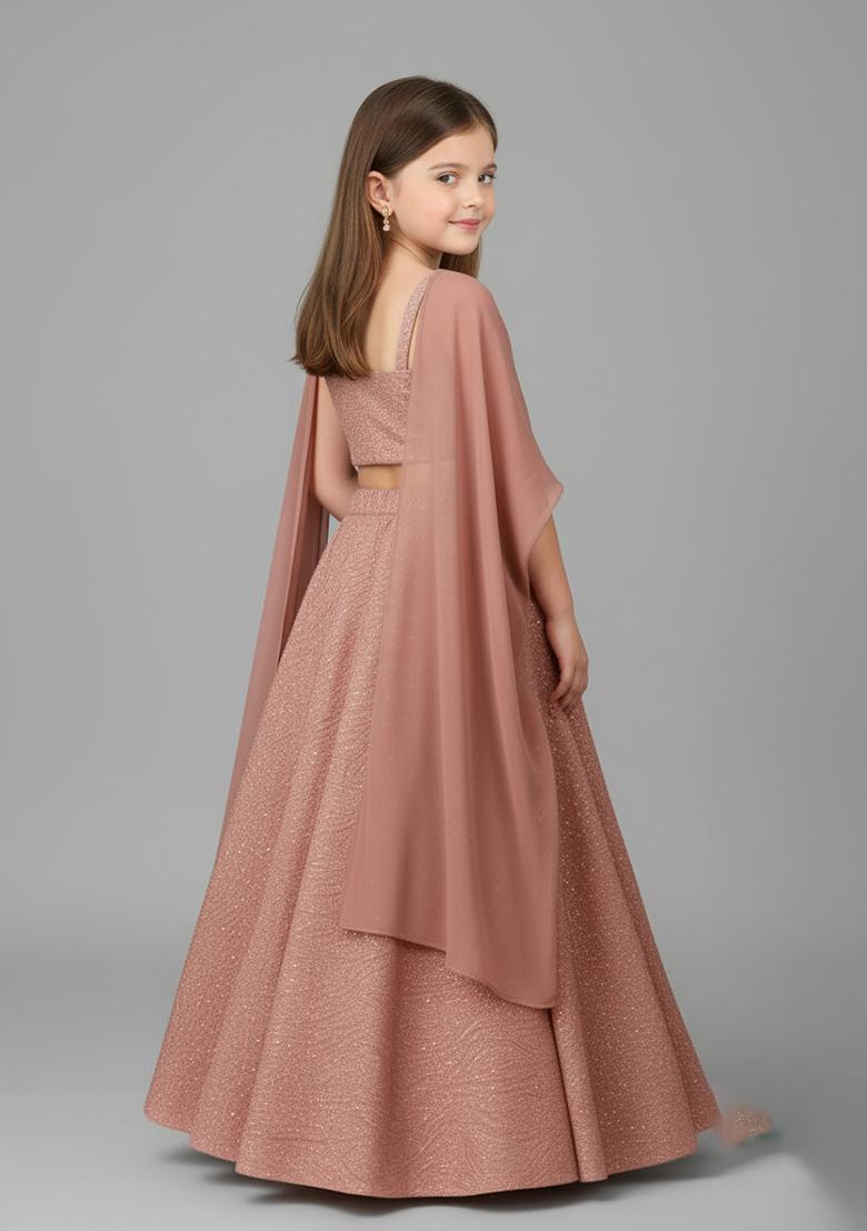 Girls Pink Net Sequin Lehenga Set - Indya