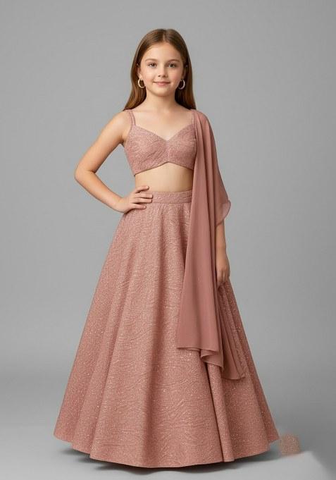 Girls Pink Net Sequin Lehenga Set