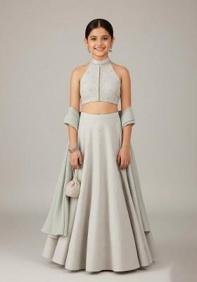 Girls Grey Chanderi Embroidered Lehenga Set