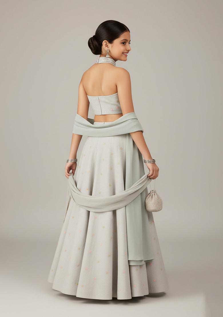 Girls Grey Chanderi Embroidered Lehenga Set