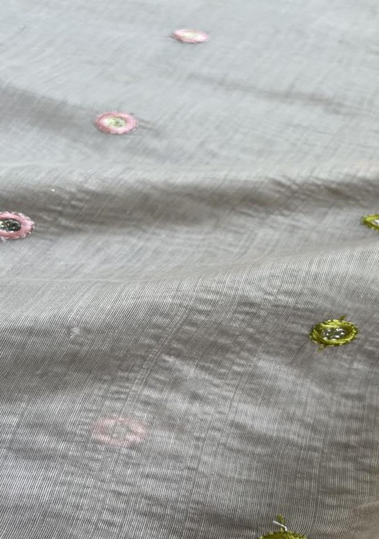 Girls Grey Chanderi Embroidered Lehenga Set