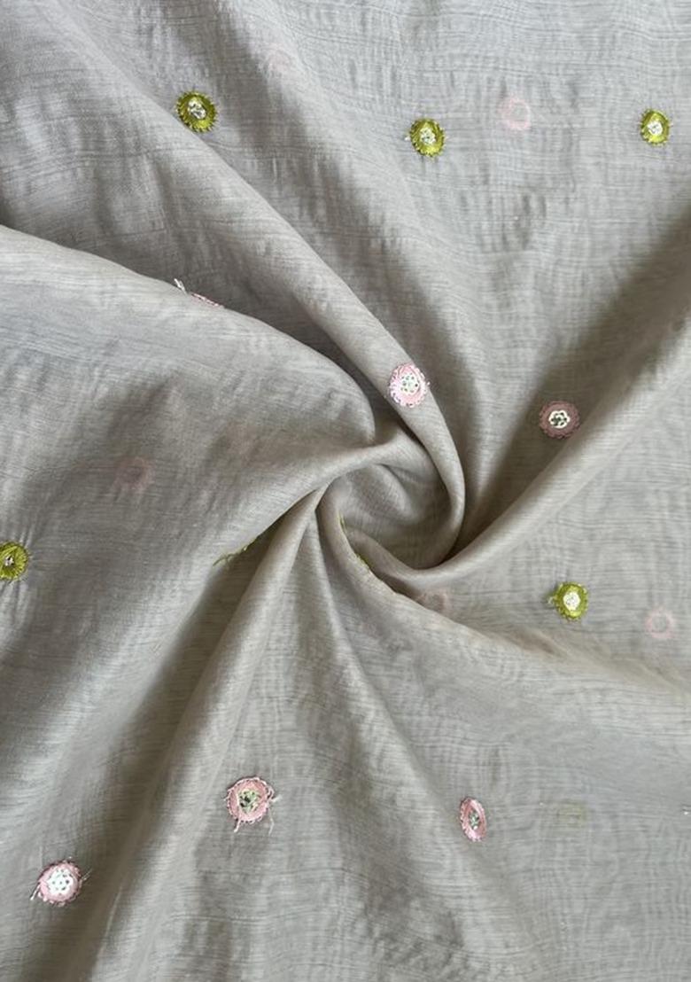 Girls Grey Chanderi Embroidered Lehenga Set