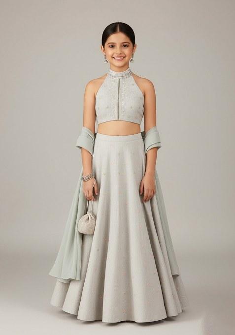 Girls Grey Chanderi Embroidered Lehenga Set