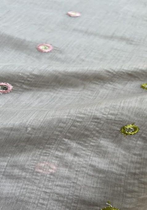 Girls Grey Chanderi Embroidered Lehenga Set