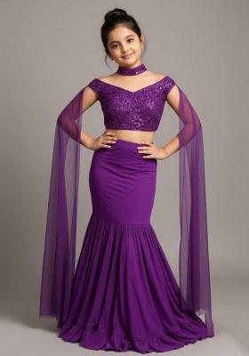 Girls Purple Embroidered Blouse Georgette Lehenga Set