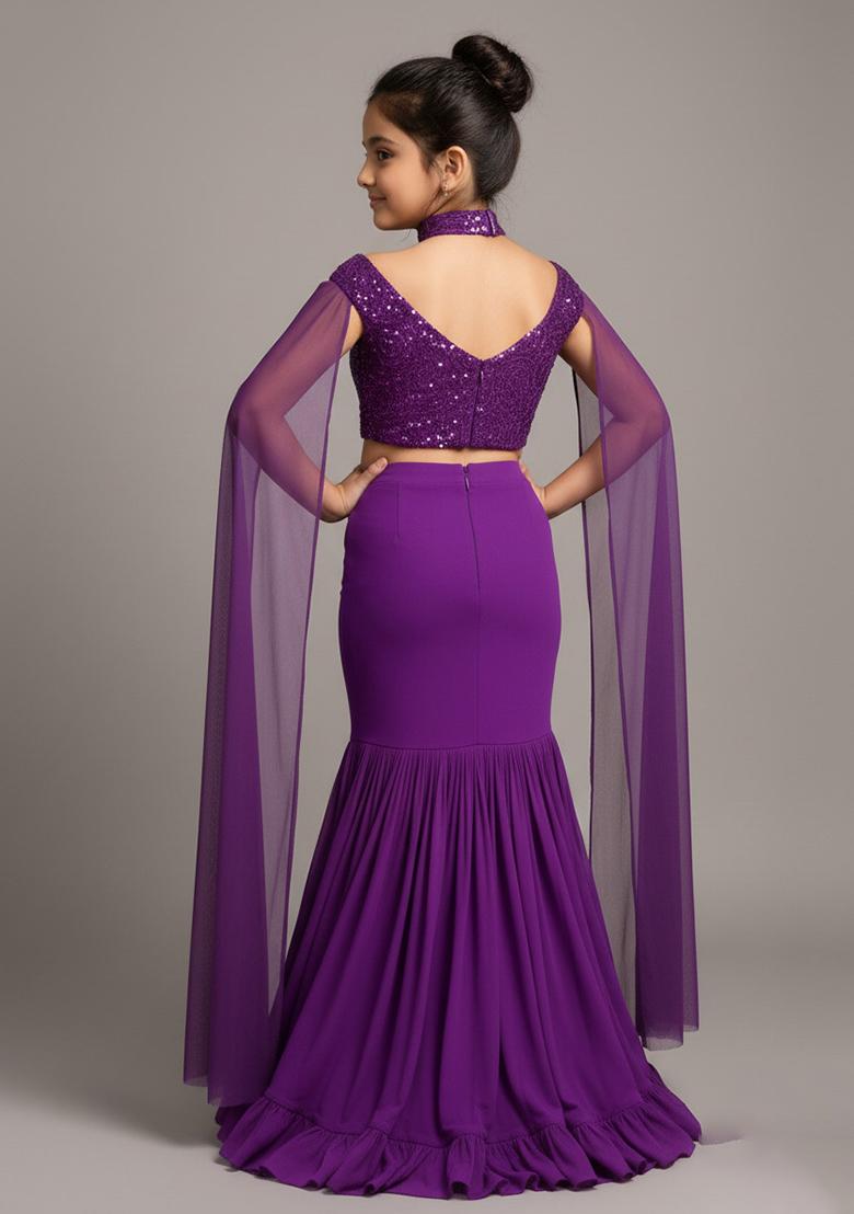 Girls Purple Embroidered Blouse Georgette Lehenga Set - Indya