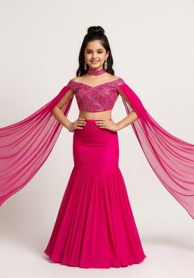 Girls Hot Pink Embroidered Blouse Georgette Lehenga Set