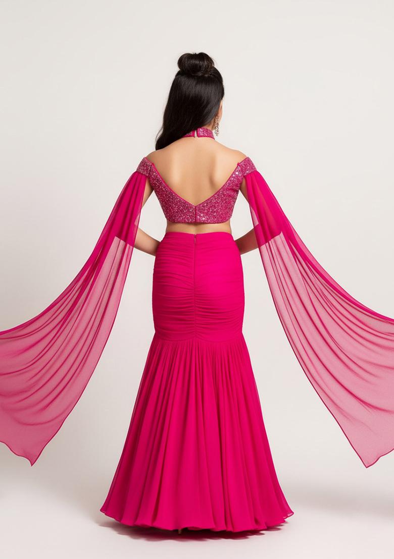Girls Hot Pink Embroidered Blouse Georgette Lehenga Set - Indya