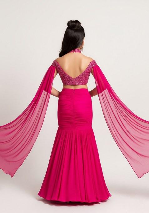 Girls Hot Pink Embroidered Blouse Georgette Lehenga Set