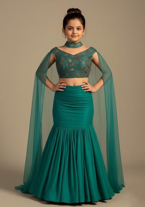 Girls Teal Green Embroidered Blouse Georgette Lehenga Set