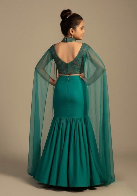 Girls Teal Green Embroidered Blouse Georgette Lehenga Set