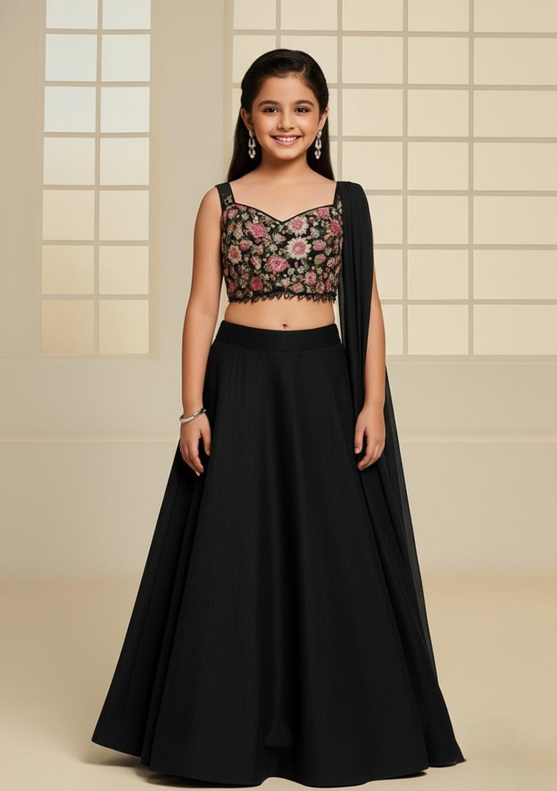Girls Black Embellished Blouse Net Lehenga Set