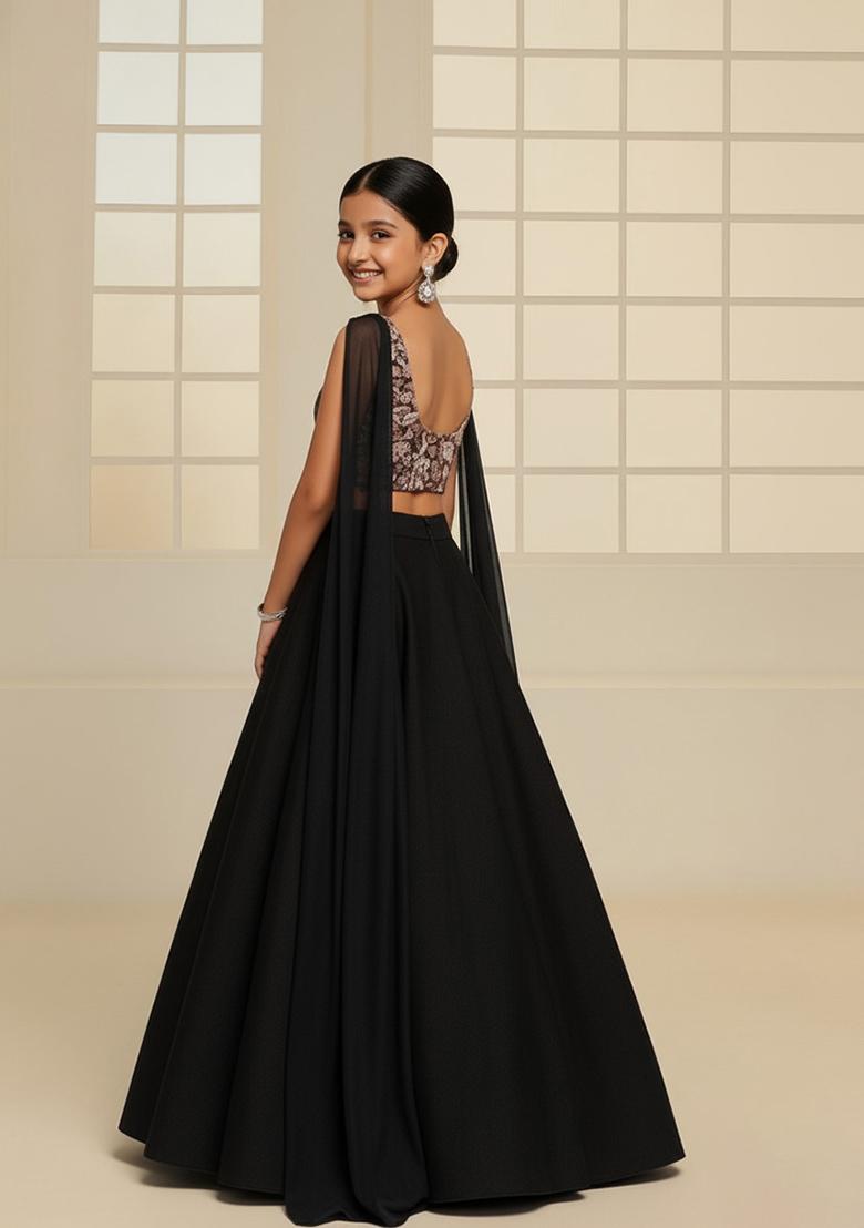 Girls Black Embellished Blouse Net Lehenga Set