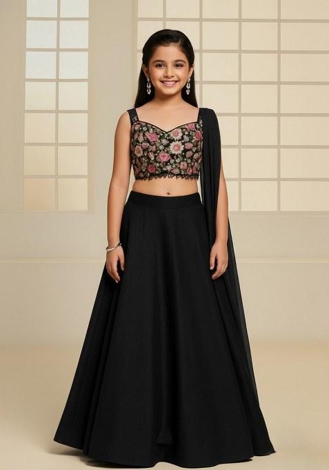 Girls Black Embellished Blouse Net Lehenga Set