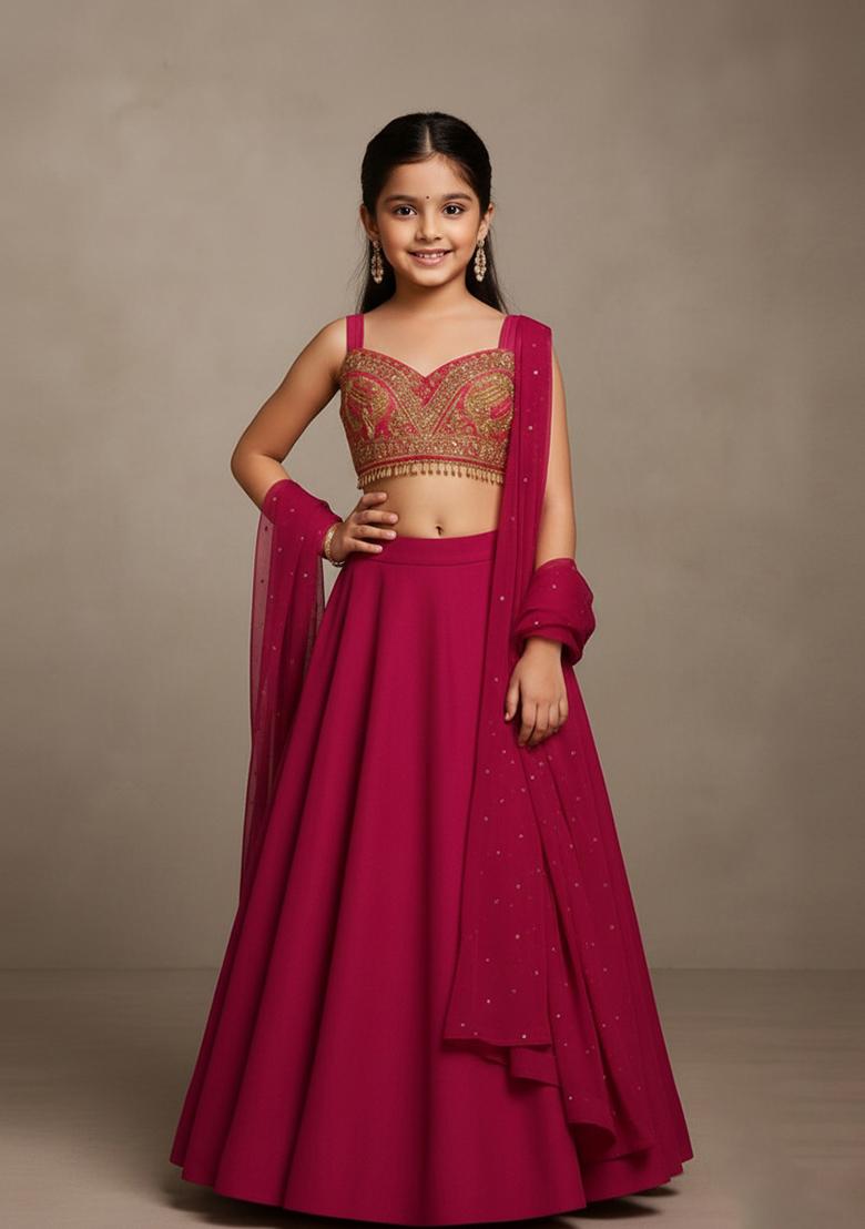 Girls Pink Embellished Blouse Georgette Lehenga Set