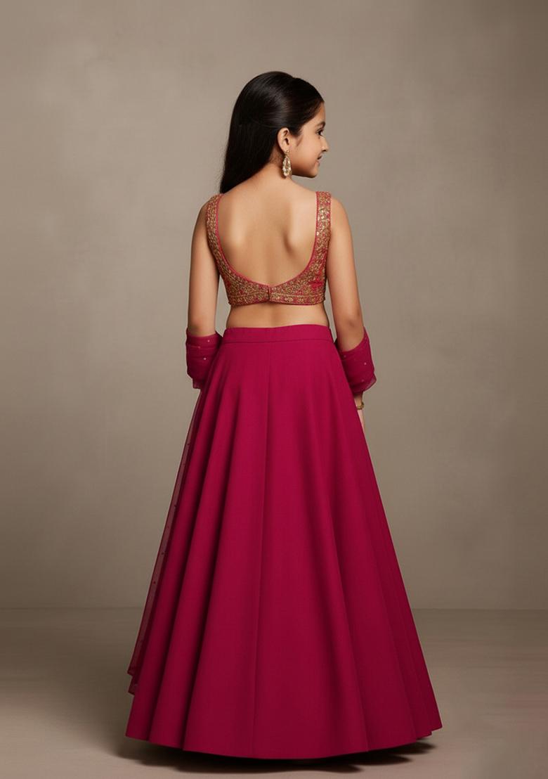 Girls Pink Embellished Blouse Georgette Lehenga Set - Indya