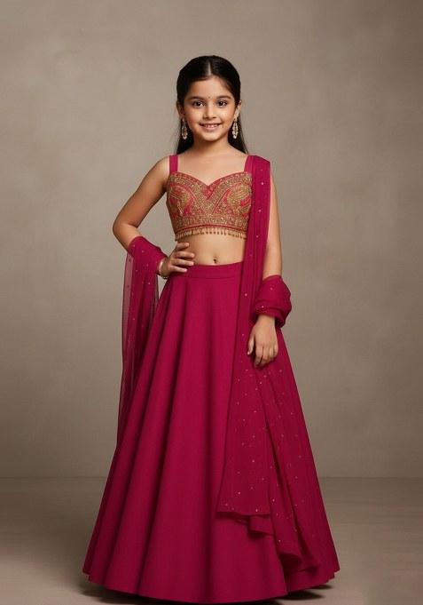 Girls Pink Embellished Blouse Georgette Lehenga Set