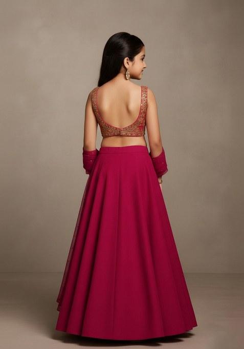 Girls Pink Embellished Blouse Georgette Lehenga Set