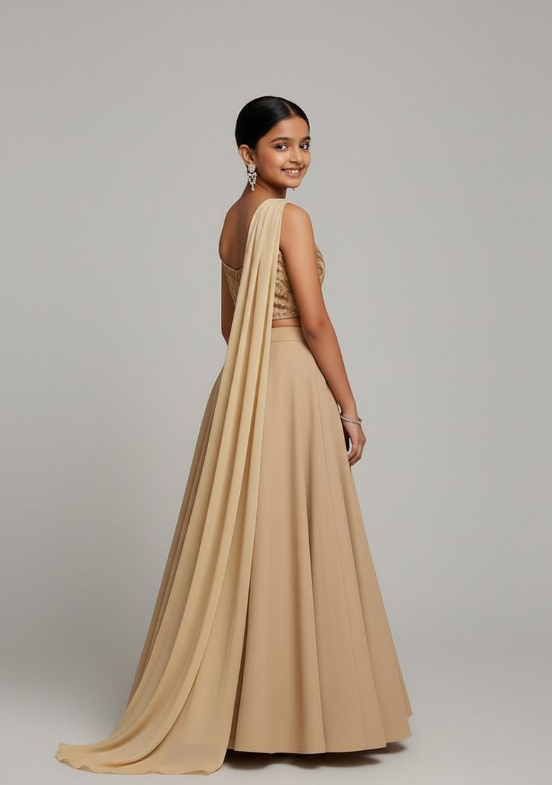Girls Beige Embellished Blouse Georgette Lehenga Set - Indya