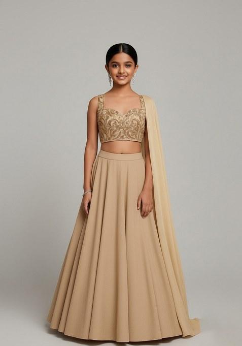 Girls Beige Embellished Blouse Georgette Lehenga Set