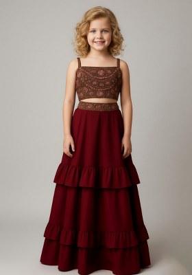 Girls Brown Embroidered Blouse Georgette Lehenga Set