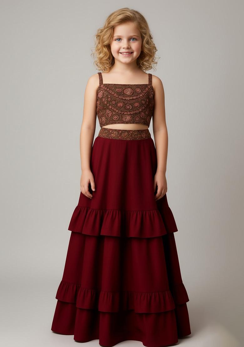 Girls Brown Embroidered Blouse Georgette Lehenga Set - Indya