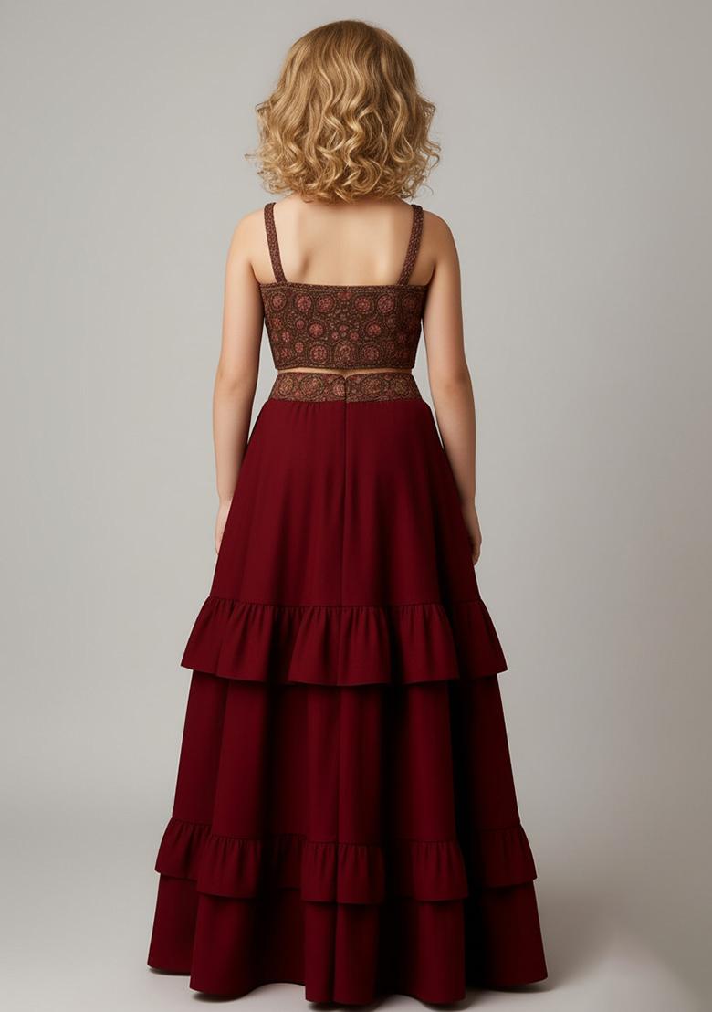 Girls Brown Embroidered Blouse Georgette Lehenga Set - Indya