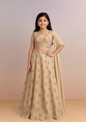 Girls Beige Tissue Embroidered Lehenga Set