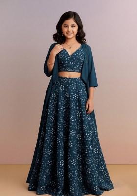 Girls Blue Cotton Bandhani Printed Lehenga Set