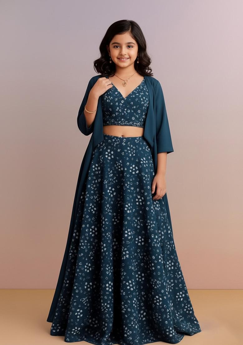 Girls Blue Cotton Bandhani Printed Lehenga Set