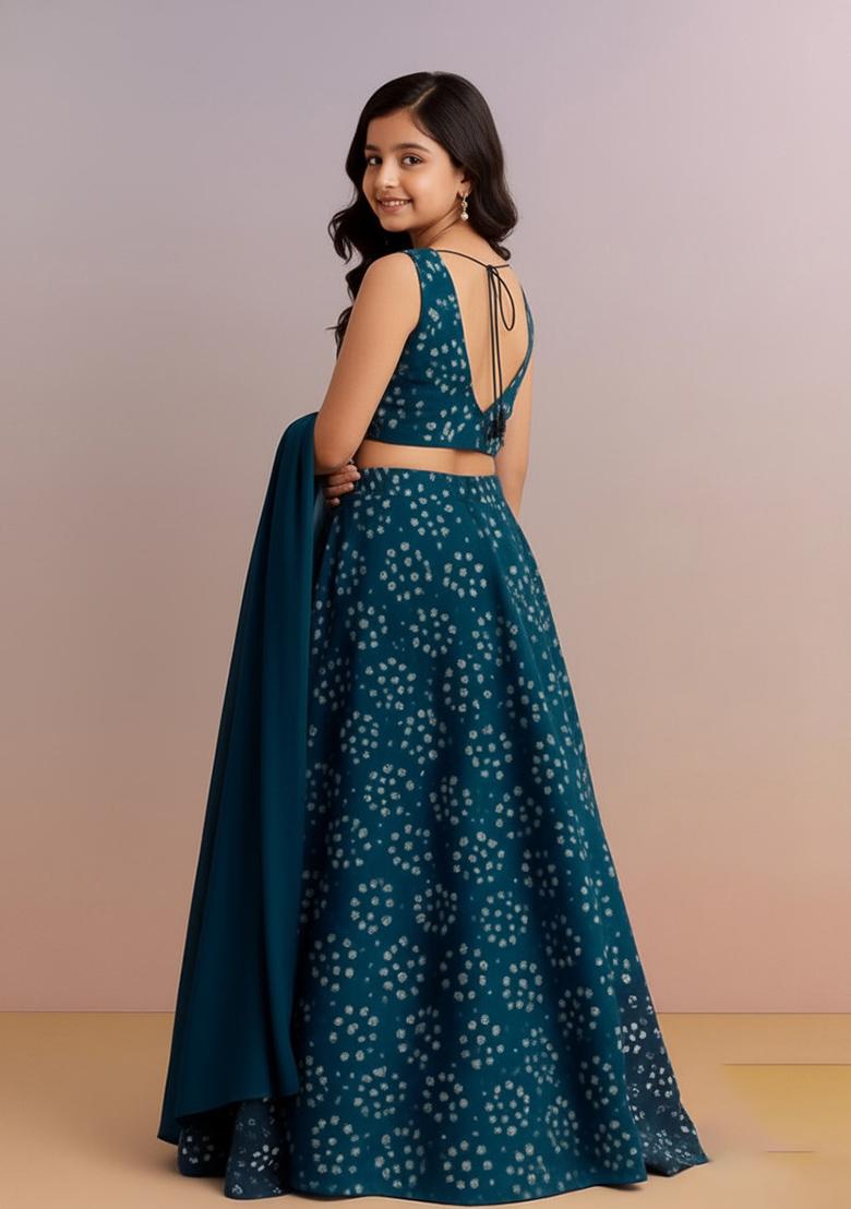 Girls Blue Cotton Bandhani Printed Lehenga Set