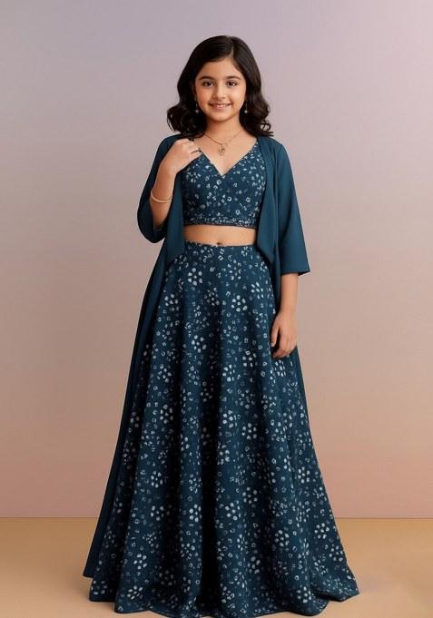 Girls Blue Cotton Bandhani Printed Lehenga Set
