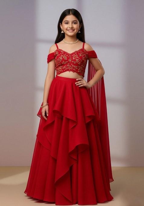 Girls Red Embroidered Blouse Georgette Lehenga Set