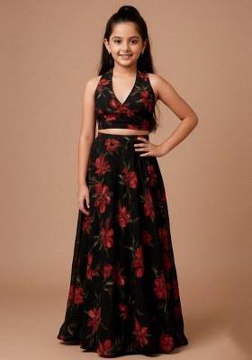 Girls Black Chiffon Floral Printed Lehenga Set