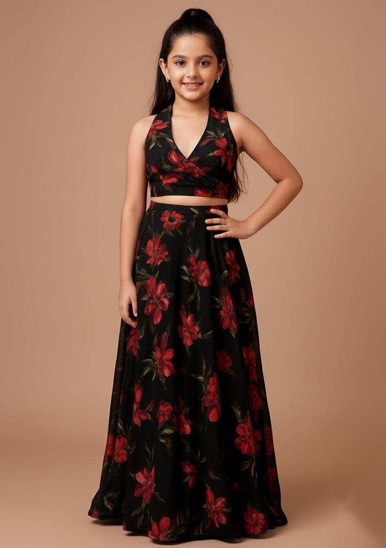 Girls Black Chiffon Floral Printed Lehenga Set - Indya