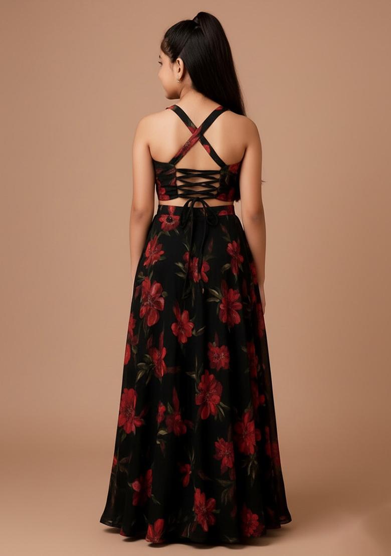 Girls Black Chiffon Floral Printed Lehenga Set