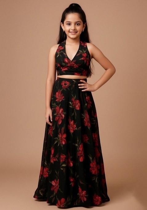 Girls Black Chiffon Floral Printed Lehenga Set