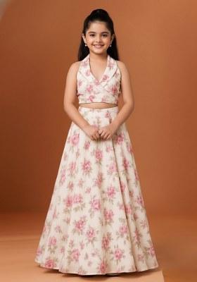 Girls White Chiffon Floral Printed Lehenga Set