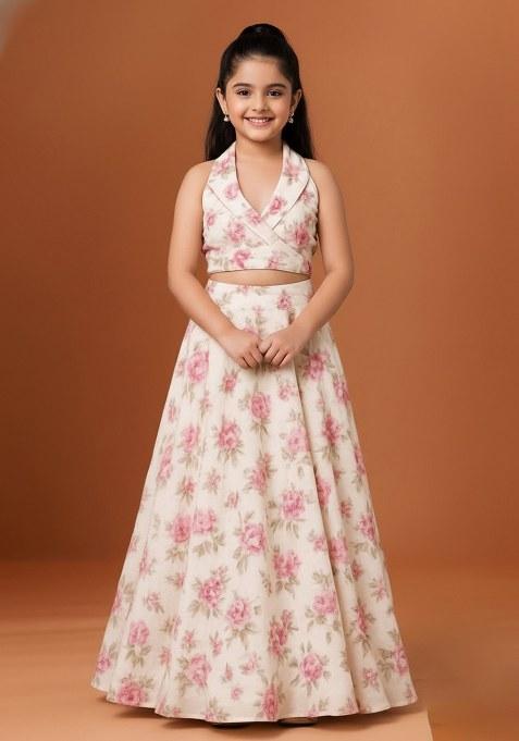Girls White Chiffon Floral Printed Lehenga Set