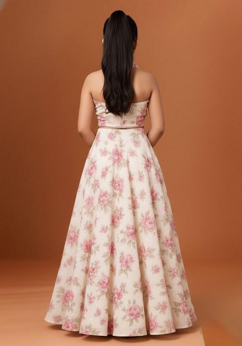 Girls White Chiffon Floral Printed Lehenga Set