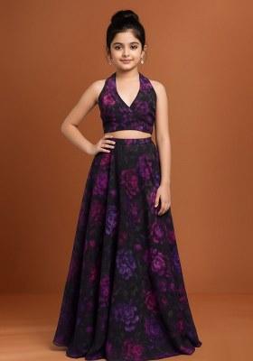 Girls Purple Chiffon Floral Printed Lehenga Set
