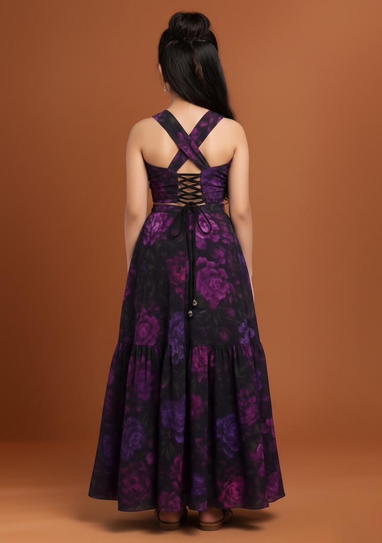 Girls Purple Chiffon Floral Printed Lehenga Set - Indya