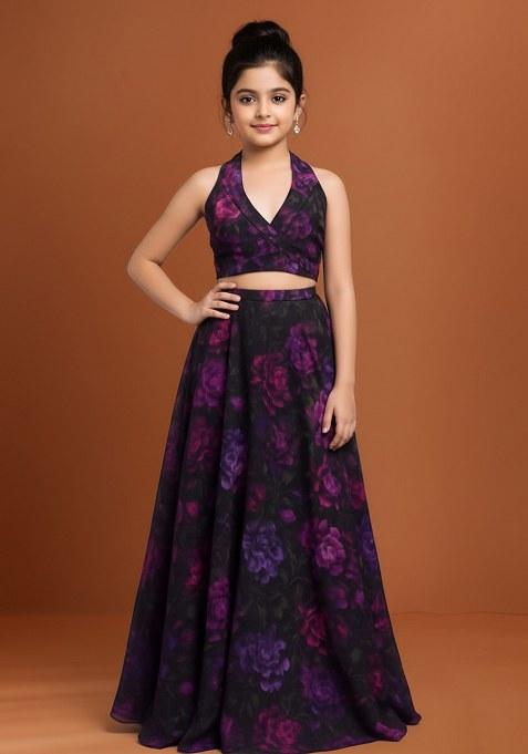 Girls Purple Chiffon Floral Printed Lehenga Set