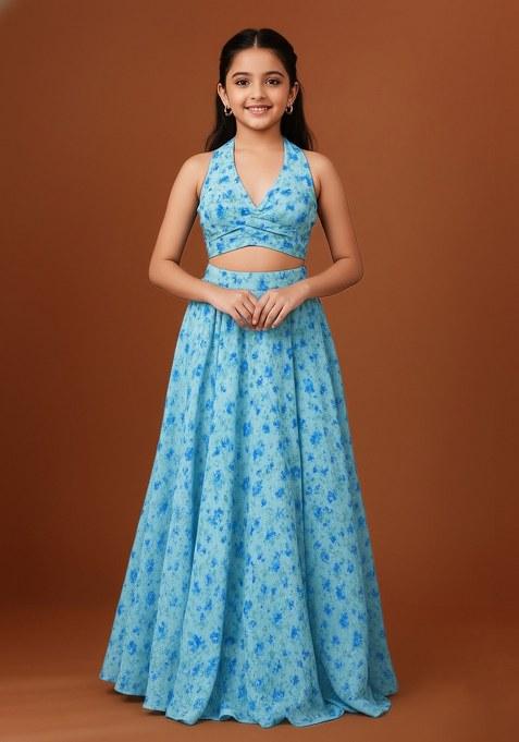 Girls Light Blue Chiffon Floral Printed Lehenga Set