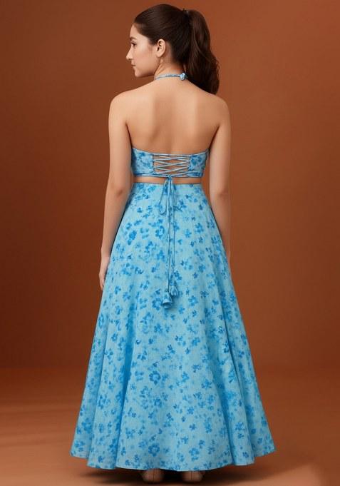 Girls Light Blue Chiffon Floral Printed Lehenga Set