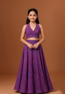 Girls Light Blue Chiffon Paisley Printed Lehenga Set