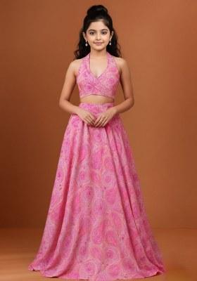 Girls Pink Chiffon Paisley Printed Lehenga Set