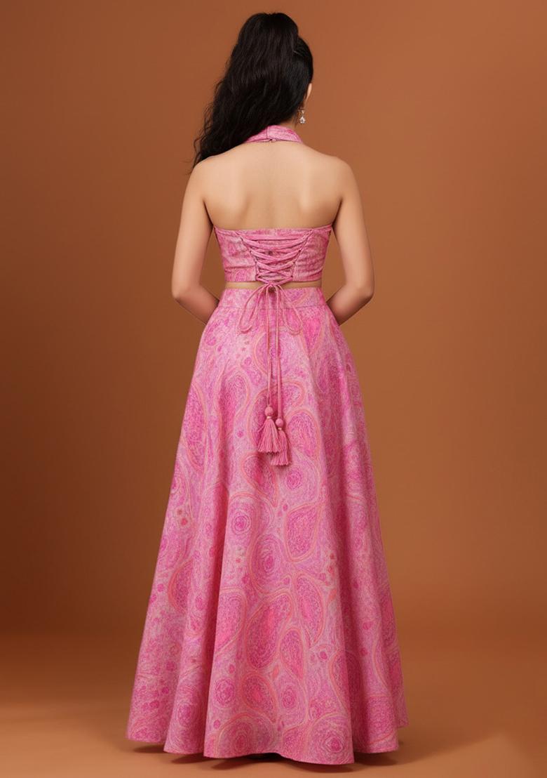 Girls Pink Chiffon Paisley Printed Lehenga Set - Indya