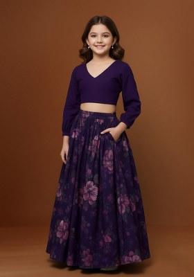 Girls Purple Floral Printed Organza Lehenga Set